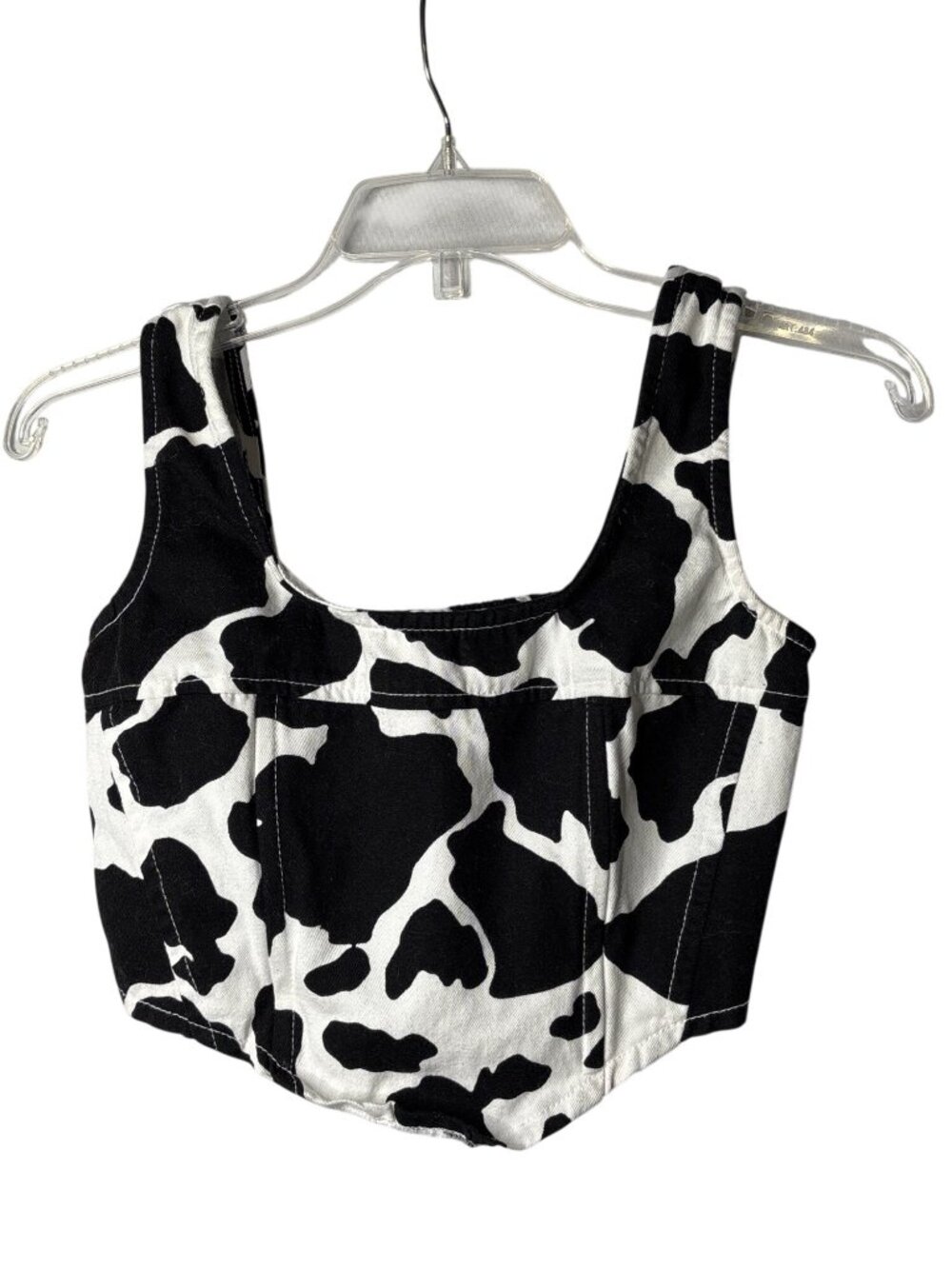 Lone Star Crop Top Size S Cow Print Smocked Back Black White Cotton